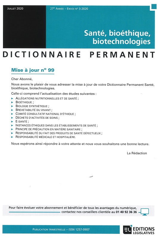 DICTIONNAIRE PERMANENT SANTE, BIOETHIQUE, BIOTECHNOLOGIES - Mise à jour