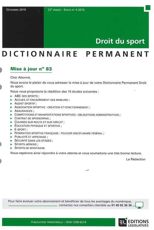 DICTIONNAIRE PERMANENT DROIT DU SPORT - Mise à jour