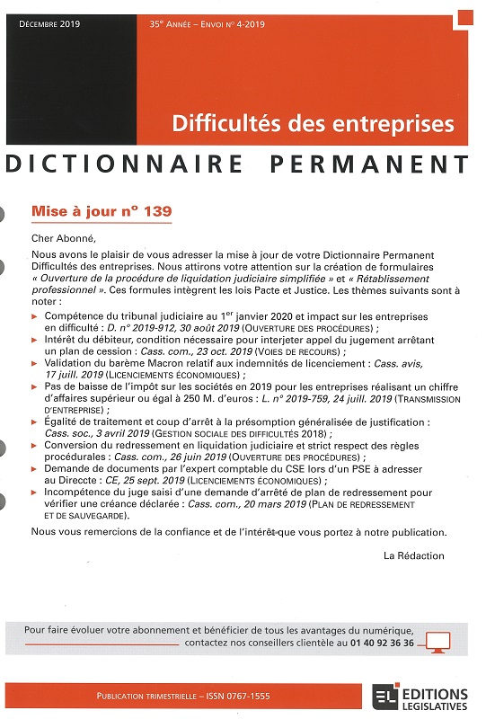 DICTIONNAIRE PERMANENT DIFFICULTES DES ENTREPRISES - Mise à jour