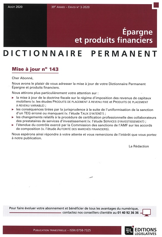 DICTIONNAIRE PERMANENT EPARGNE ET PRODUITS FINANCIERS - Mise à jour