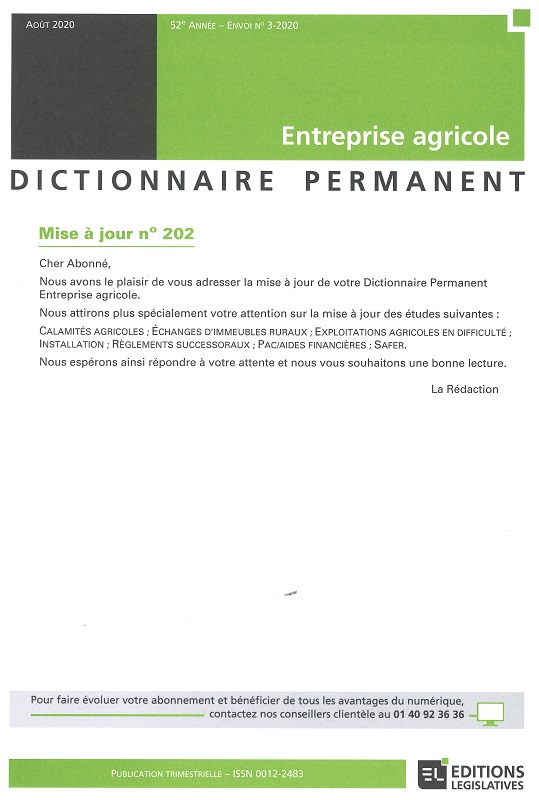 DICTIONNAIRE PERMANENT ENTREPRISE AGRICOLE - Mise à jour