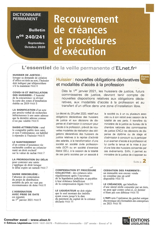 DICTIONNAIRE PERMANENT RECOUVREMENT DE CREANCES ET PROCEDURES D'EXECUTION - Bulletin