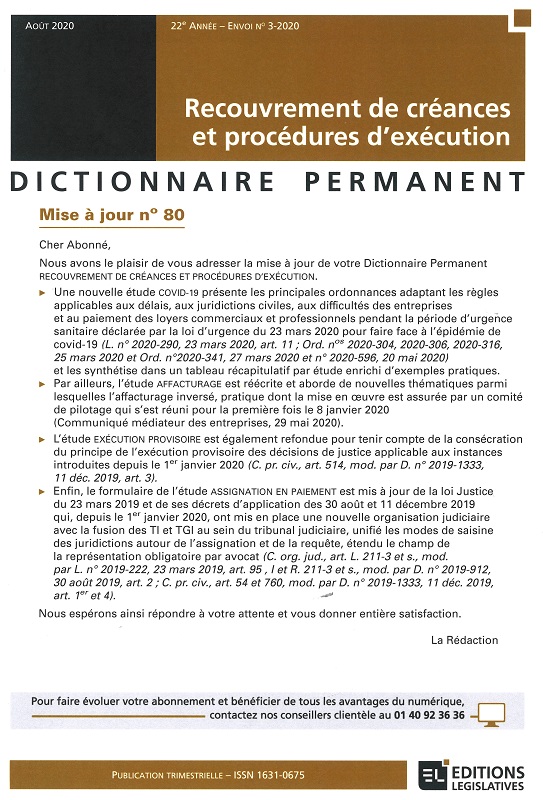 DICTIONNAIRE PERMANENT RECOUVREMENT DE CREANCES ET PROCEDURES D'EXECUTION - Mise à jour