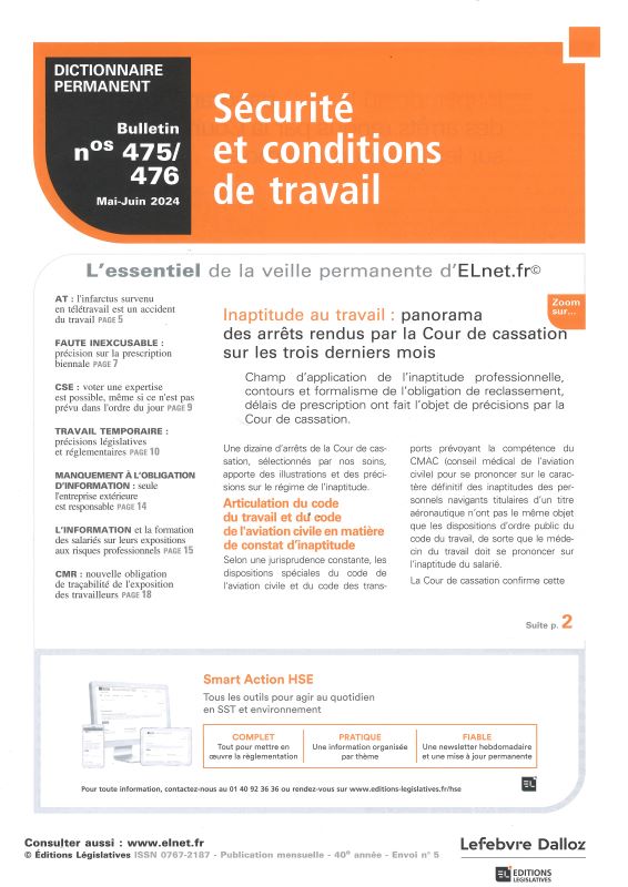 DICTIONNAIRE PERMANENT SECURITE ET CONDITIONS DE TRAVAIL - Bulletin