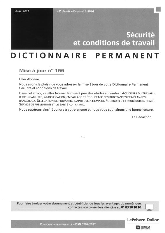 DICTIONNAIRE PERMANENT SECURITE ET CONDITIONS DE TRAVAIL - Mise à jour