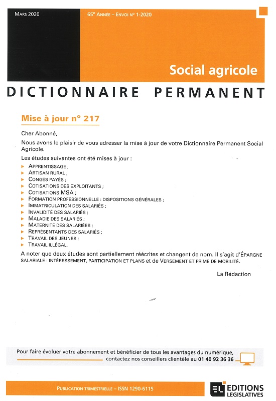 DICTIONNAIRE PERMANENT SOCIAL AGRICOLE - Mise à jour