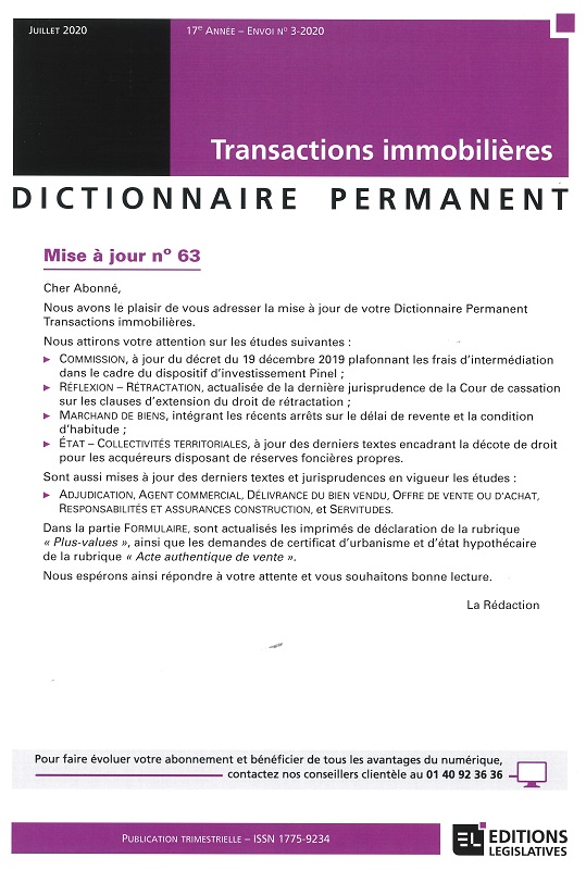 DICTIONNAIRE PERMANENT TRANSACTIONS IMMOBILIERES - Mise à jour