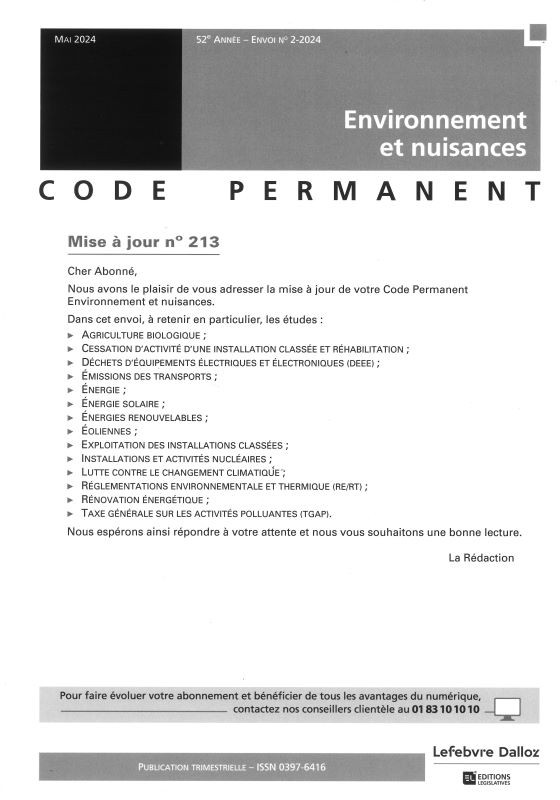 CODE PERMANENT ENVIRONNEMENT ET NUISANCES - Mise à jour