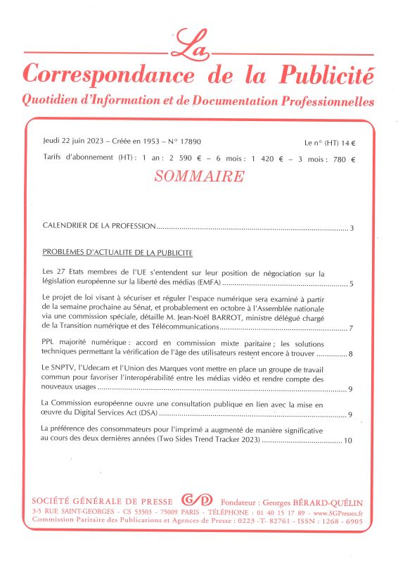 CORRESPONDANCE DE LA PUBLICITE